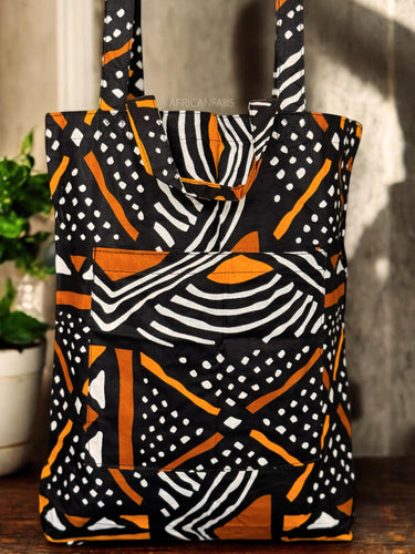 Shopper bag with African print - Black Orange Bogolan - Reusable Cotton Tote Bag