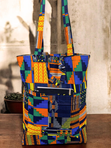 Shopper bag with African print - Blue Orange Kente - Reusable Cotton Tote Bag