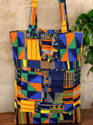 Shopper bag with African print - Blue Orange Kente - Reusable Cotton Tote Bag