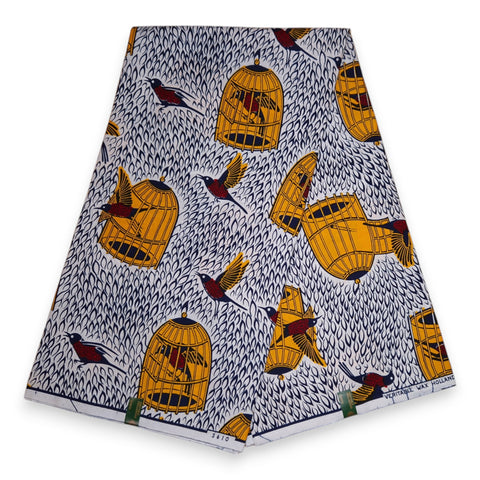 VLISCO Hollandais Wax print fabric - White Yellow Bird in a Cage VL03610-041