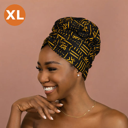 XL Easy headwrap - Satin lined hair bonnet - Black / yellow bogolan