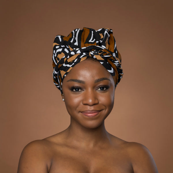 XL Easy headwrap - Satin lined hair bonnet - Brown Black Bogolan