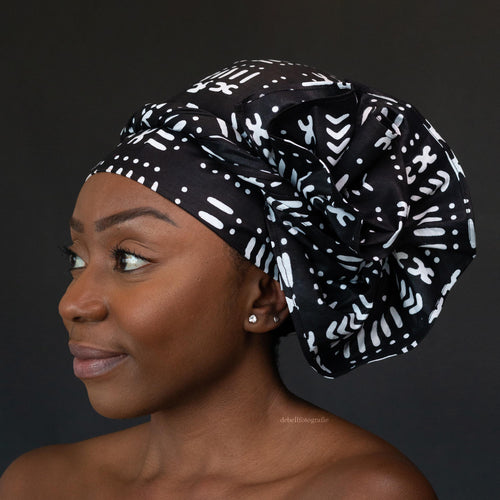 XL Easy headwrap - Satin lined hair bonnet - Black bogolan