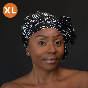 XL Easy headwrap - Satin lined hair bonnet - Black bogolan