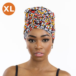 XL Easy headwrap - Satin lined hair bonnet - Red / Orange Bogolan