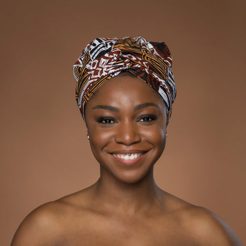 XL Easy headwrap - Satin lined hair bonnet - Brown Bogolan Mosaic
