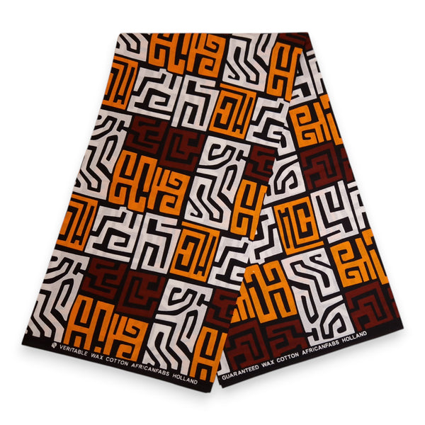 African print Sun visor cap - Brown & Yellow-Orange Kuba Blocks Congo