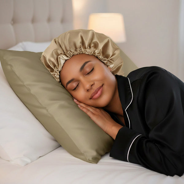Khaki Satin Hair bonnet + Satin Scrunchie ( Adjustable & Reversable Satin Night sleep cap )