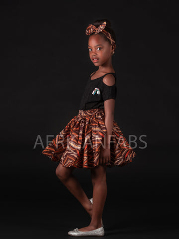 African print Kids Skirt + Headtie with Bow set Brown ( 1 - 10 years )
