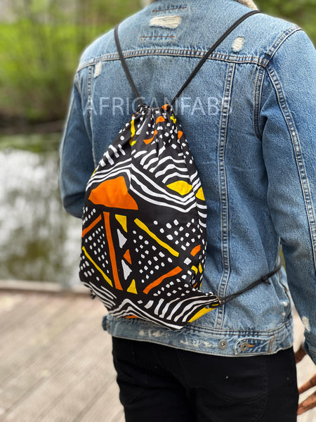 African Print Drawstring Bag / Gym Sack / School bag / Ankara Backpack / Festival Bag - Yellow / orange bogolan