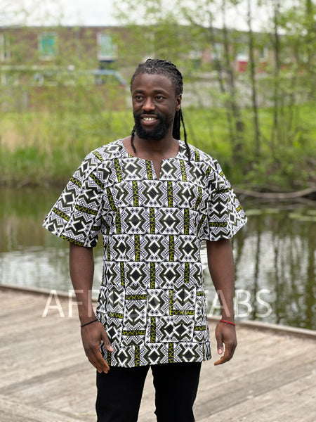 Green / white Bogolan Dashiki Shirt / Dashiki Dress - African print top - Unisex