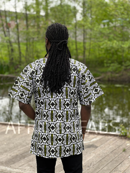 Green / white Bogolan Dashiki Shirt / Dashiki Dress - African print top - Unisex