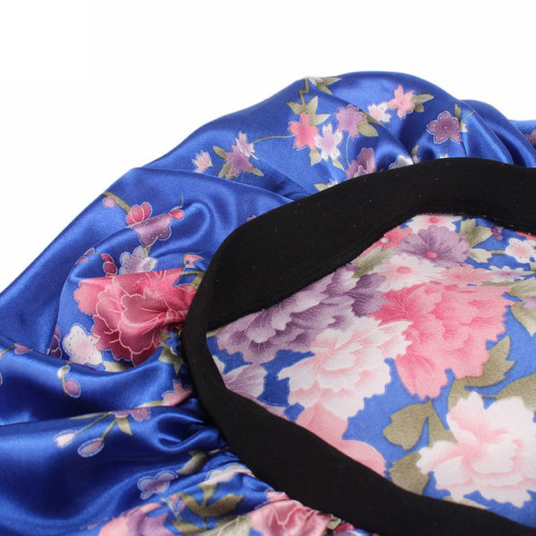 Blue pink flowers Satin Hair Bonnet ( Satin Night sleep cap )