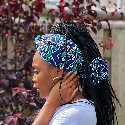 African Blue / white bogolan / mud cloth headwrap