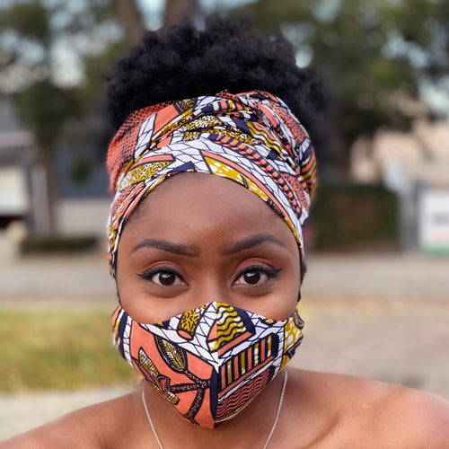 African headwrap + face mask (Premium set) - Peach / mustard plaid