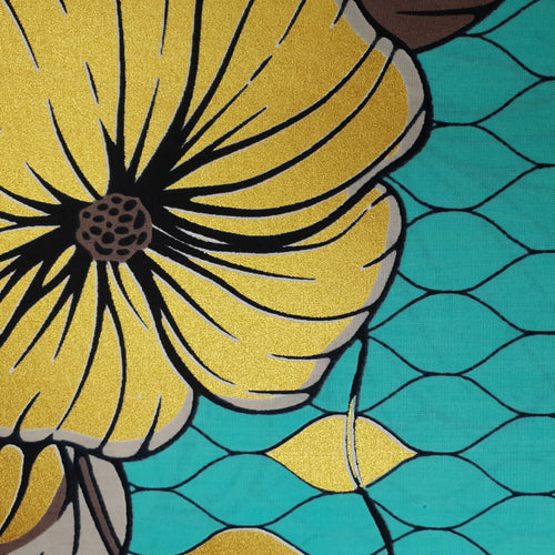 African Wax print fabric - Grand Wax - Turquoise Gold Flowers - Gold embellished