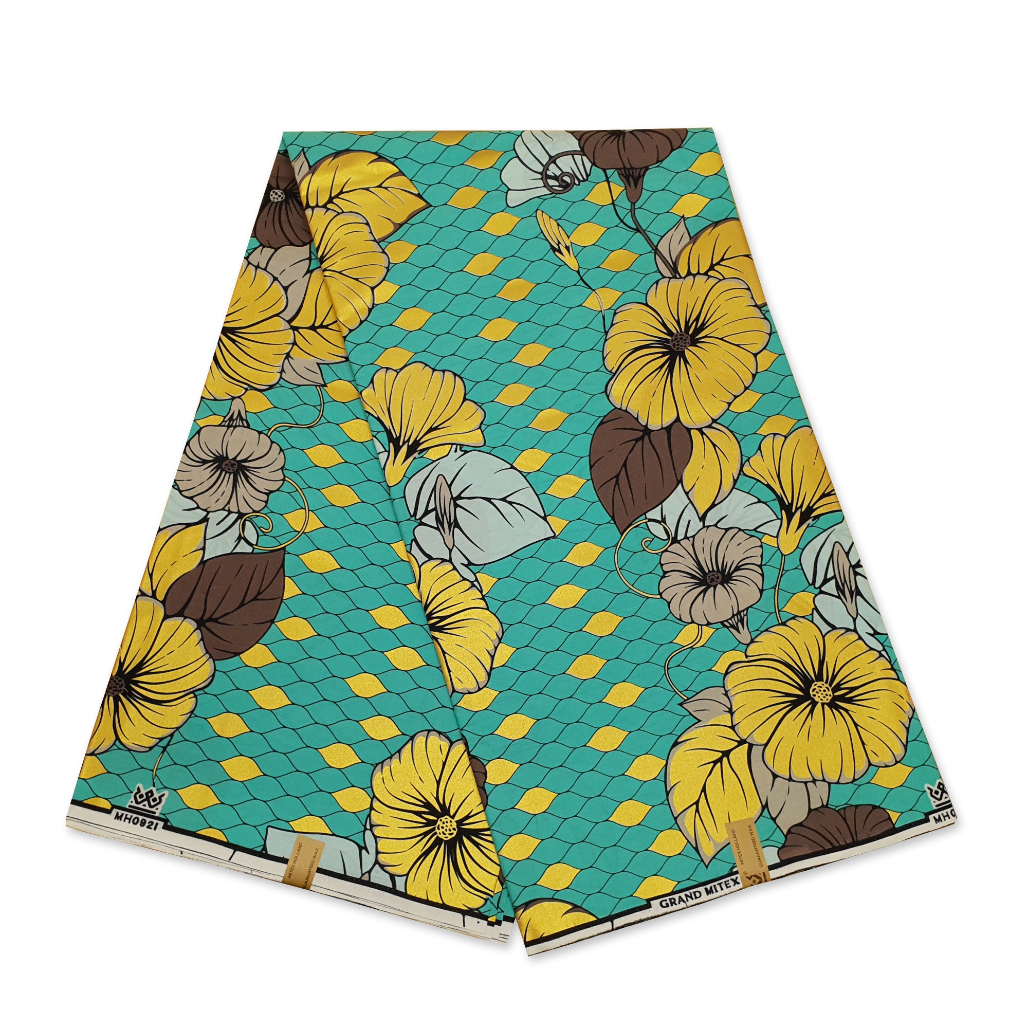 African Wax print fabric - Grand Wax - Turquoise Gold Flowers - Gold embellished