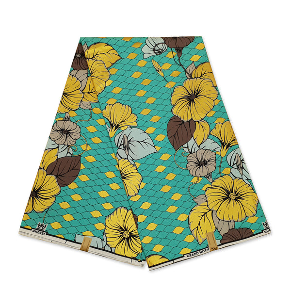 African Wax print fabric - Grand Wax - Turquoise Gold Flowers - Gold embellished
