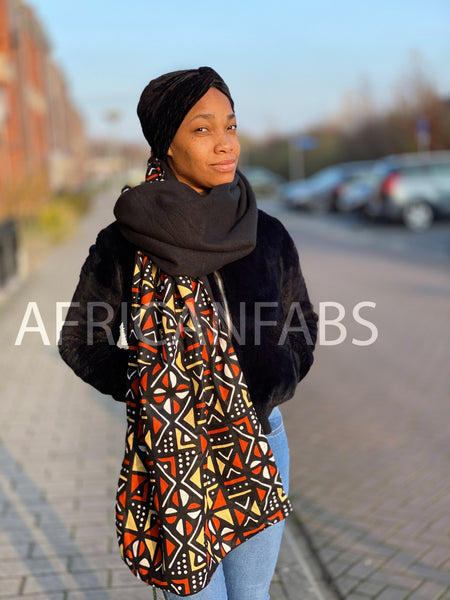 African print Winter scarf for Adults Unisex - Brown / Orange / Beige mud cloth / bogolan